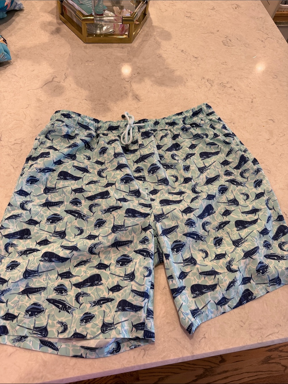 Peter Millar Light Green Swim Trunks with Navy Fish Print